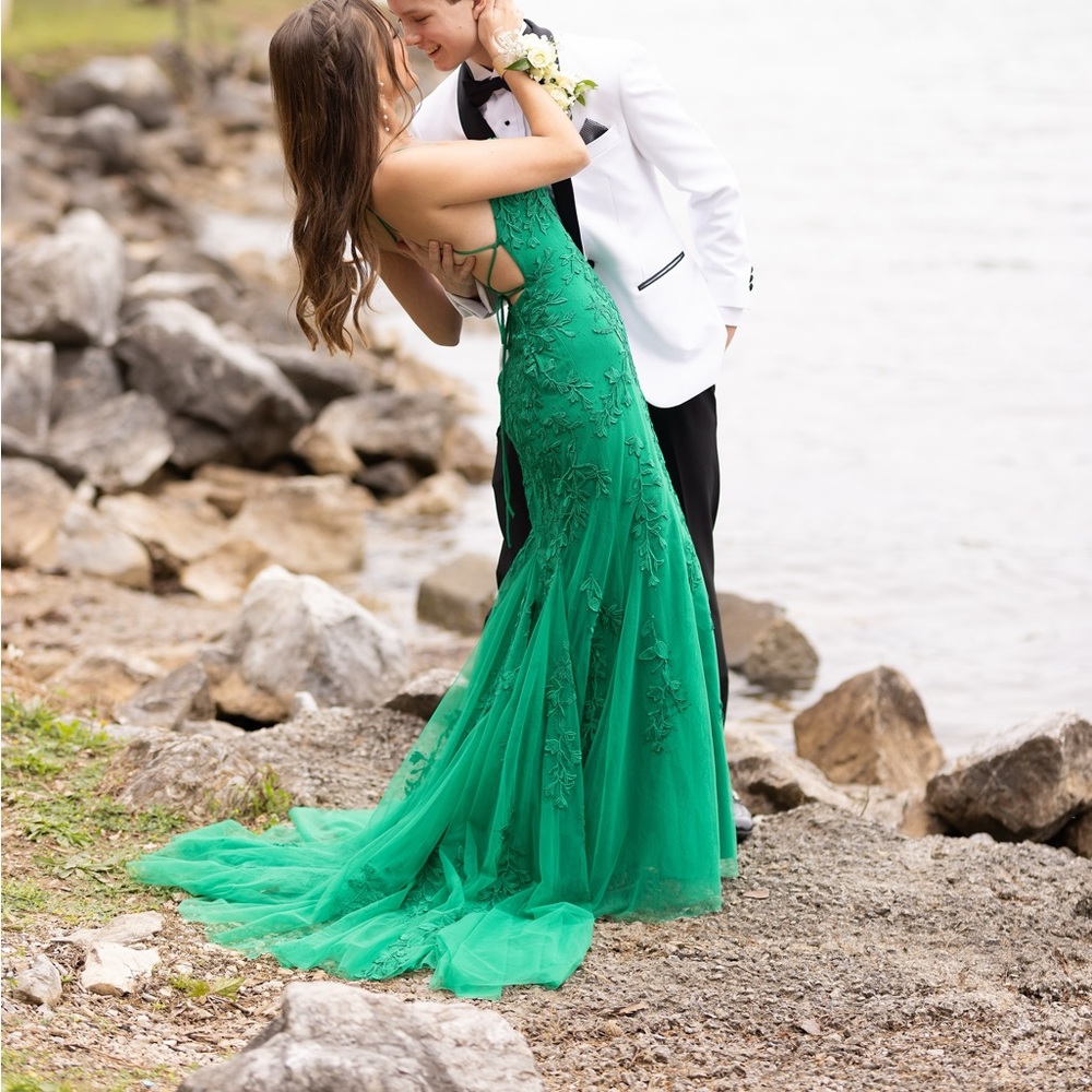 Lace mermaid gown with lace up back and tulle skirt.
